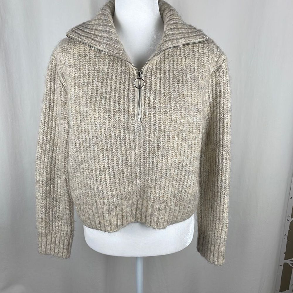 Sincerely Jules Beige Cropped Zip Mock Neck Wool Blend Ribbed Knit Sweater sz M